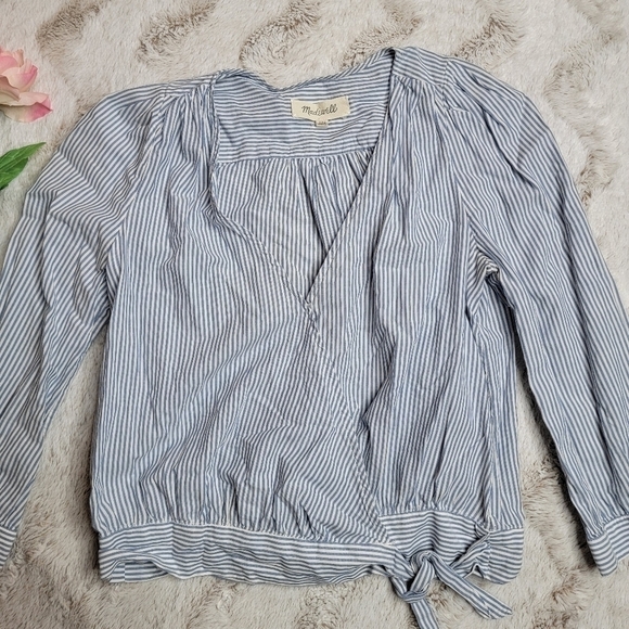 ✨️CL Madewell Blue White Stripe Cropped Top Sash Accent Size XXS - Picture 4 of 11